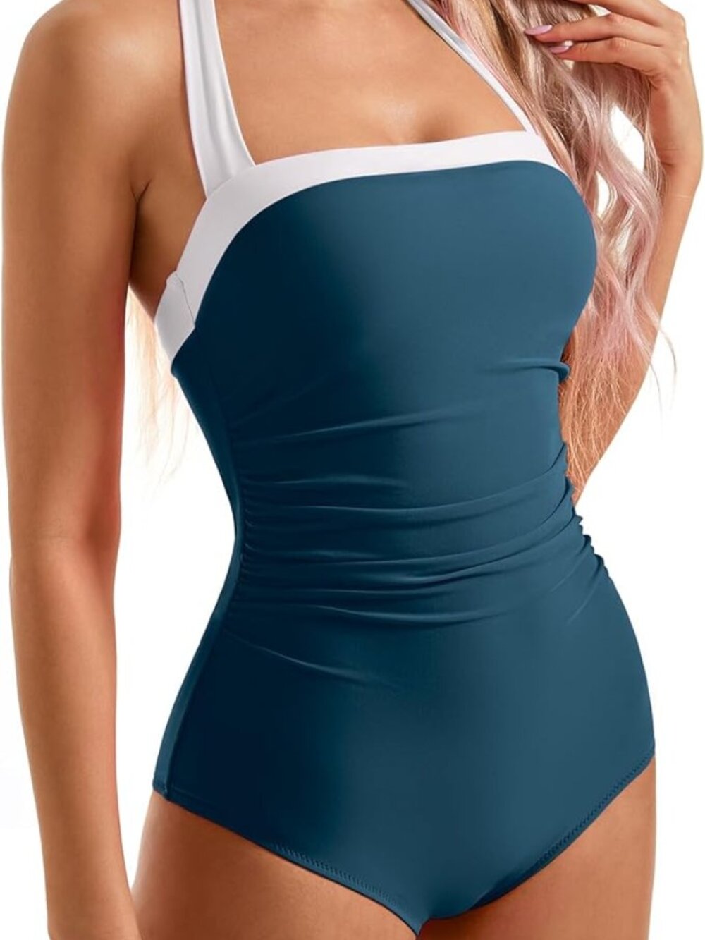 💙 NWT SUUKSESS Halter One Piece Swimsuit Tummy Control Blue White M